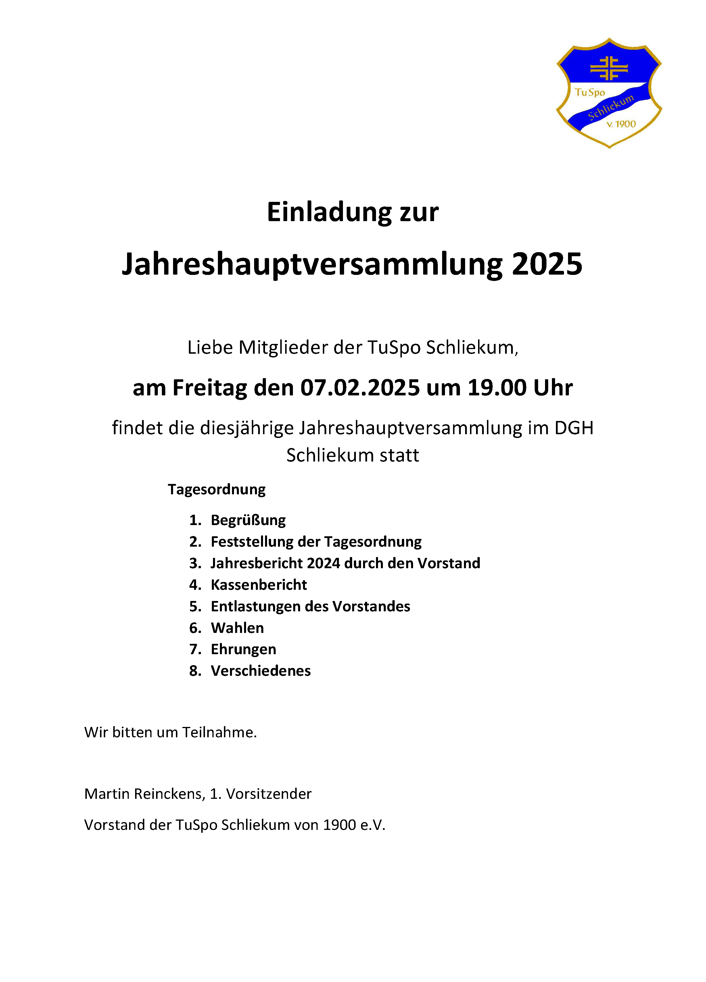 Einladung zur Jahreshauptversammlung 2025